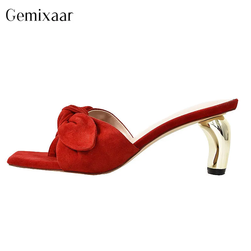 

Hot Style Sweet Woman Shoes Square Toe Kitten Heels Beach Shoes Shopping Black Red Suede Decor Butterfly Knot Slippers Women