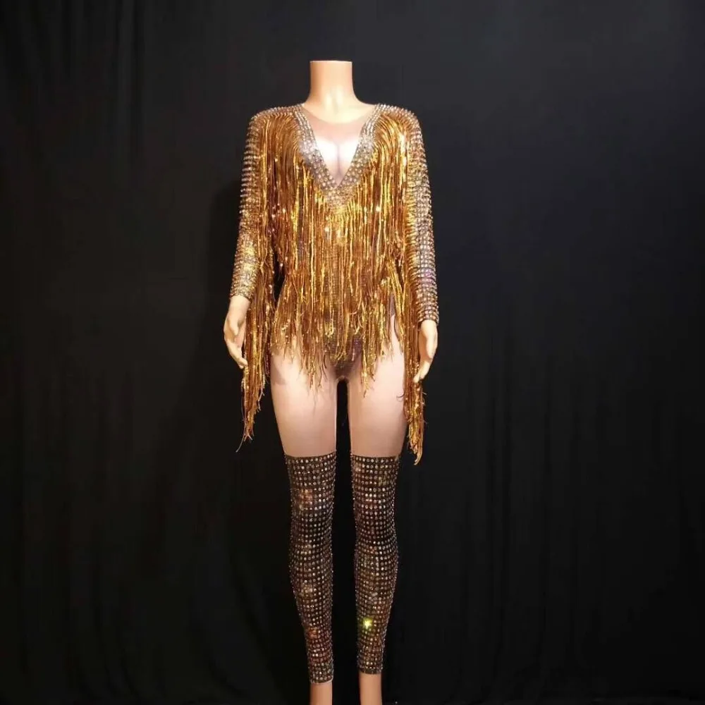 

Celebrity High Elastic Gold Tassel costume Jumpsuit Evening Party Jumpsuit