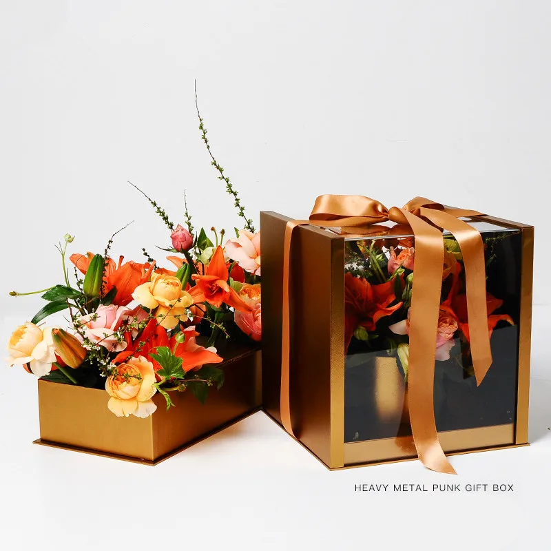 

Luxury Golden Acrylic Florist Box Metallic Style Flower Bouquet Box Surprise Gift Packaging Box