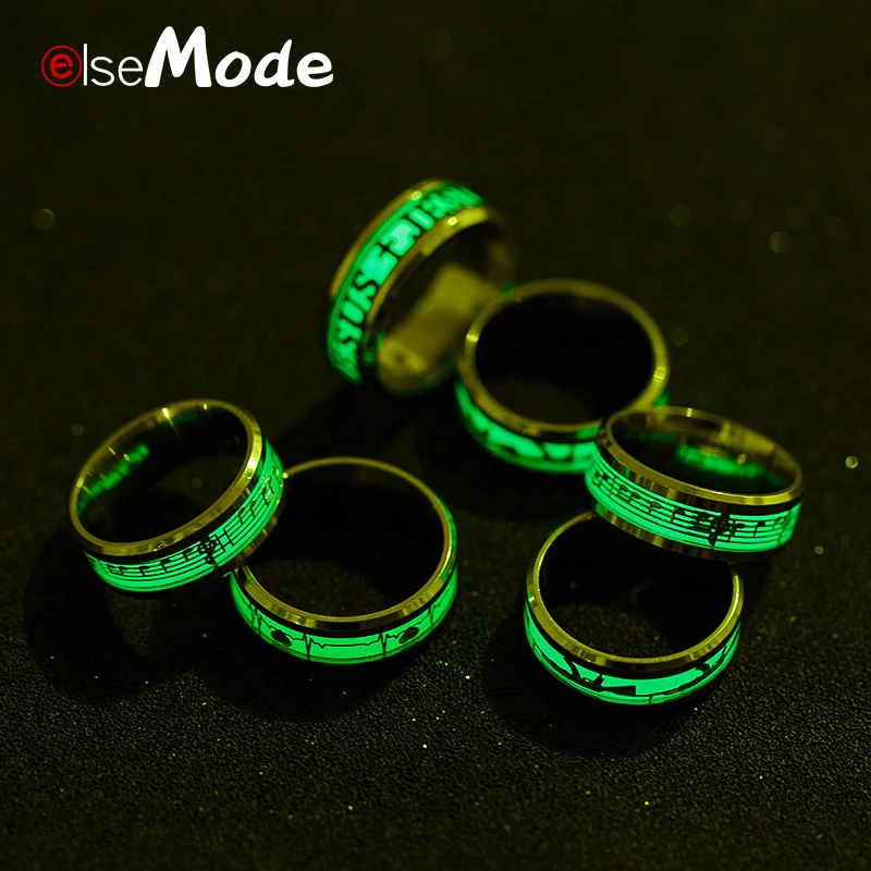 

ELSEMODE Music Note JESUS AK47 The Lord of One Ring Luminous Fluorescent Wedding Rings Titanium Stainless Steel For Women Men