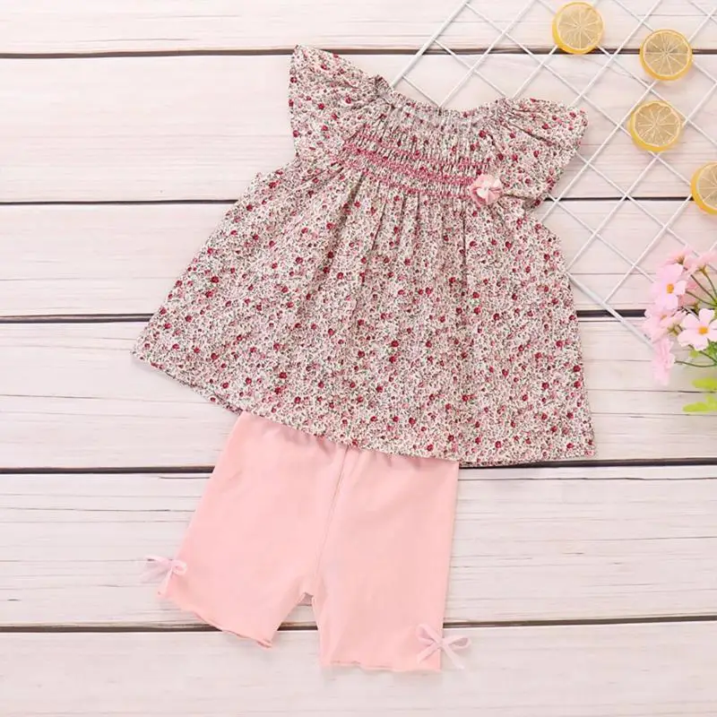

2019 Girls Clothes Set Ruffle Sleeve Summer Casual Baby Girls Suit Outfits Flower T-shirt + Pants Girls Clothing Sets 1-5 years
