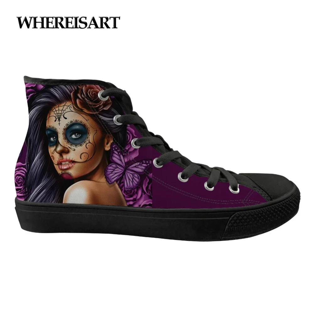 

WHEREISART Flats Shoes Women Calavera Girl Day of The Dead Fashion High Top Flats Canvas Shoes for Ladies Casual Sneakers 2019
