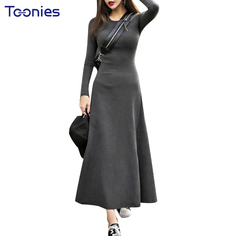 

2018 Winter New Korean Dress Round Collar Knitted Long Gray Dresses Maxi A-line Elegant Vestidos S-XL Streetwear Casual Clothing