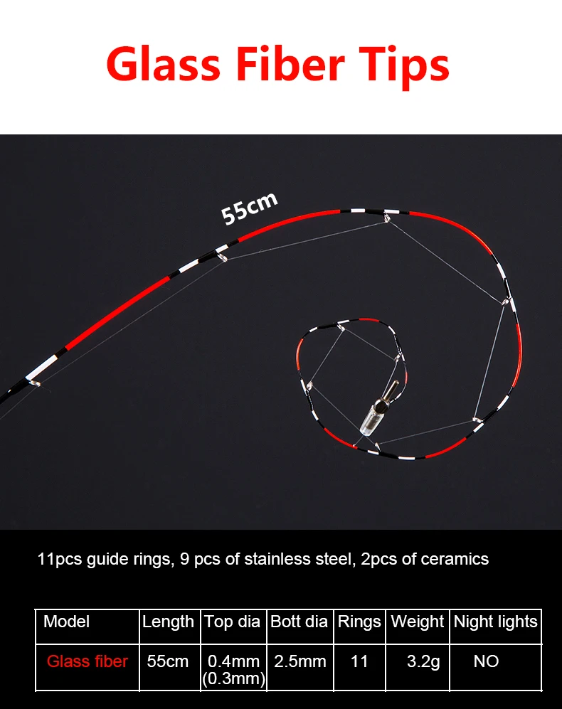 2pcs 55cm Tip for Boat/Raft Rod Full/Half Titanium alloy fishing rod Glass fiber tips Micro lead raft rod accessories FUJI rings