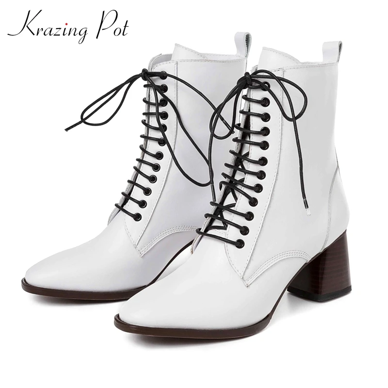 

Krazing pot new genuine leather high heels lace up Winter concise round toe modern party dating British design Chelsea boots l99