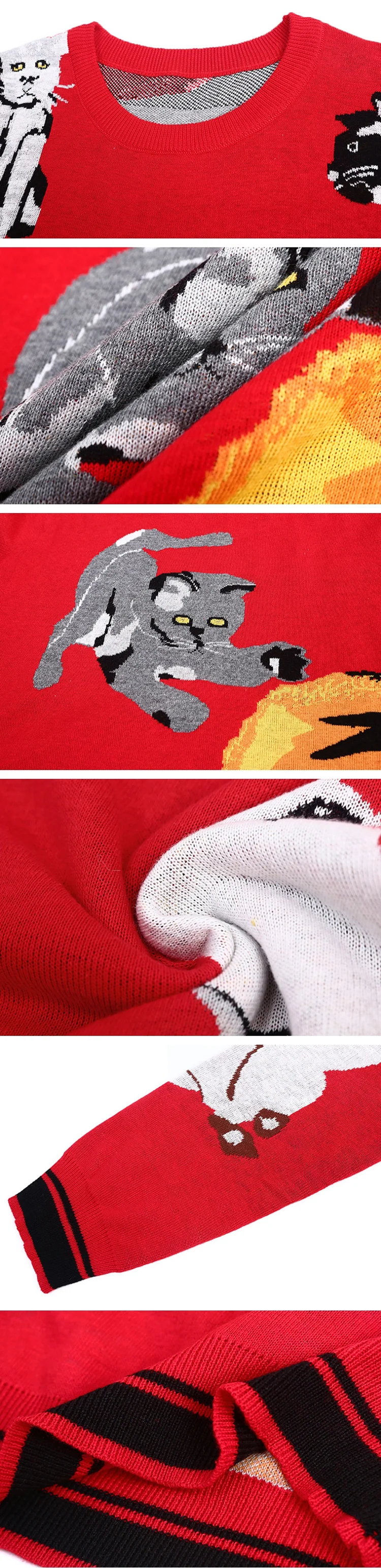Новинка, милый красный вязаный пуловер с 7 котами, шикарный женский джемпер, брендовый дизайнерский Рождественский Забавный Топ, женский свитер