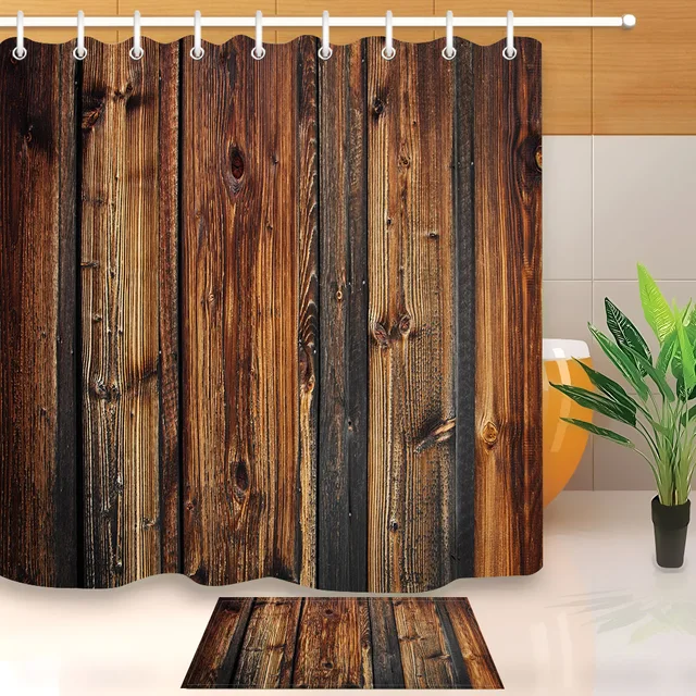 LB Rustic Wood Panel Brown Plank Fence Shower Curtain And Bath Mat Set