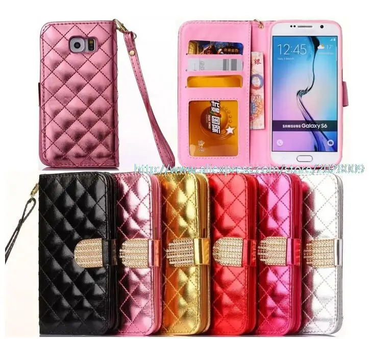 100pcs lot Wallet Photo Frame Slot Glitter Diamond Plaid Leather Case for Samsung Galaxy S6 Edge G9250 Case