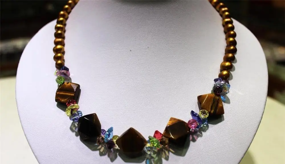 

FREE SHIPPING>>>@@ > Muli-color Crystal & Brown fresh water pearl Necklace 7-8mm 19"Alloy "handmade