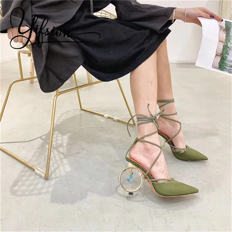 

OLOME New Fashion Black Red Canvas Women Summer Sandals Pointed Toe Lace Up Round High Heel Ladies Sandals Party Shoes Woman