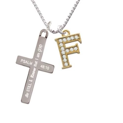Crystal Gold Tone Initial - F - Beaded Border - - Be Still and Know - Cross Necklace (1)