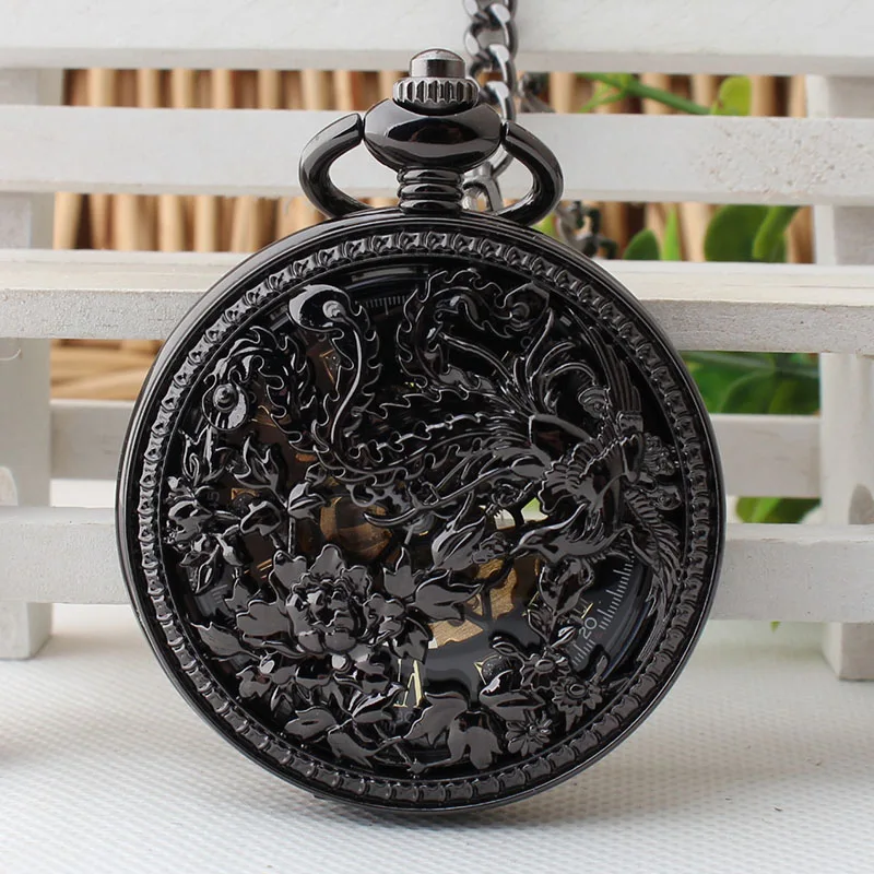 DHL черный Феникс Скелет Механические римские карманные часы с циферблатом с цепочкой мужские и женские карманные часы 10 шт./партия