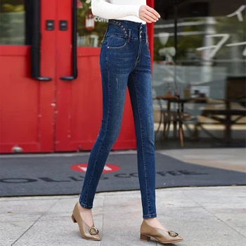 

ACRMRAC Women jeans Spring and autumn Slim High waist jeans elastic force Skinny Pencil pants Large size jeans Women