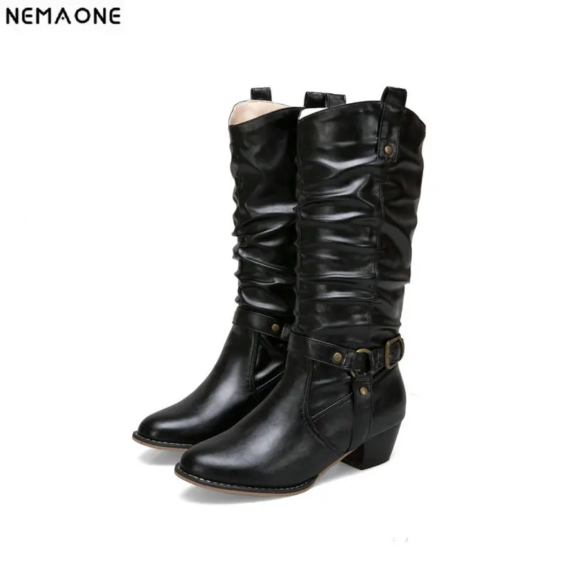 

NEMAONE 4cm med Heels Women mid-calf Boots Elegant work dress Boots Basic Party Office Shoes woman large size 41 42 43