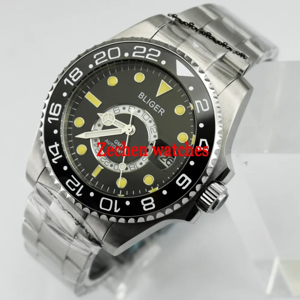 

Bliger 43mm watch Ceramic Bezel Sapphire Steel GMT Automatic Luminous Auto date Mens Watch