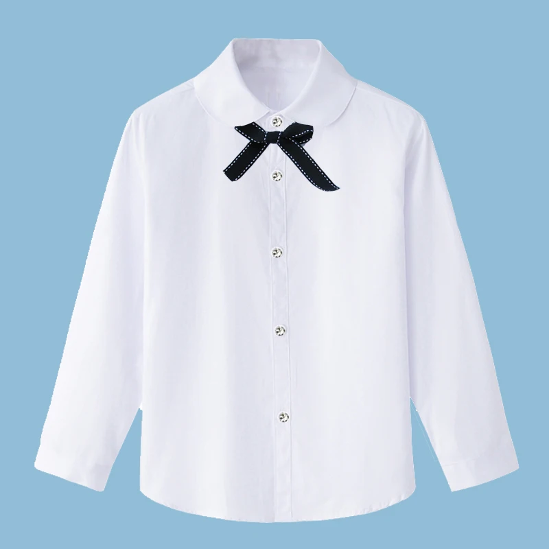  Girls White Shirts for Students Uniform Long Sleeve Solid 100% Cotton Blouse Teenagers School Cloth