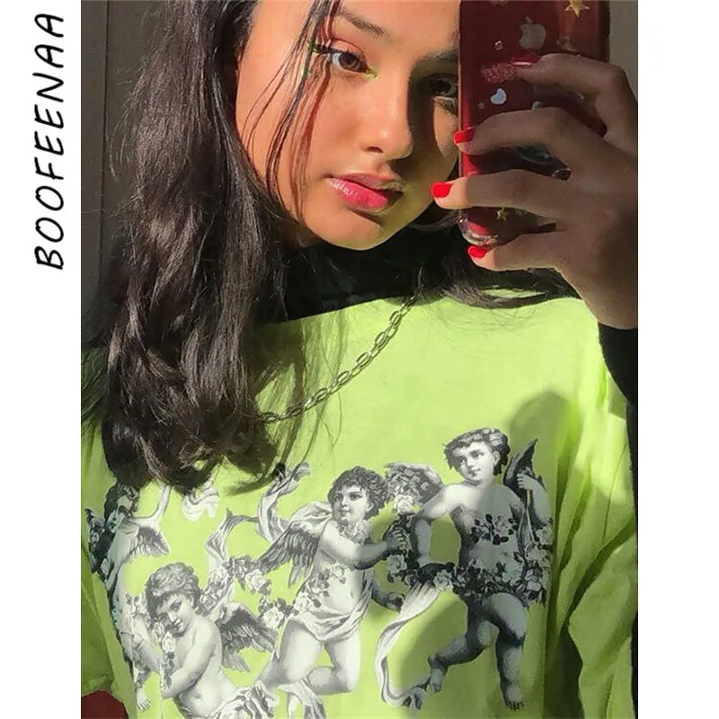 Billig BOOFEENAA Engel Druck Kalk Neon Grün T Hemd Frauen Sommer Tops 2019 Streetwear Vintage Casual Übergroßen Graphic Tees C94 AA51