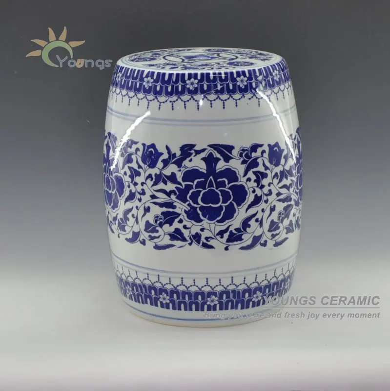 China Fancy Blue and White Ceramic Garden Stools For Home Decor H16'' high temperature fired heavyweight white glazed ceramic garden stools