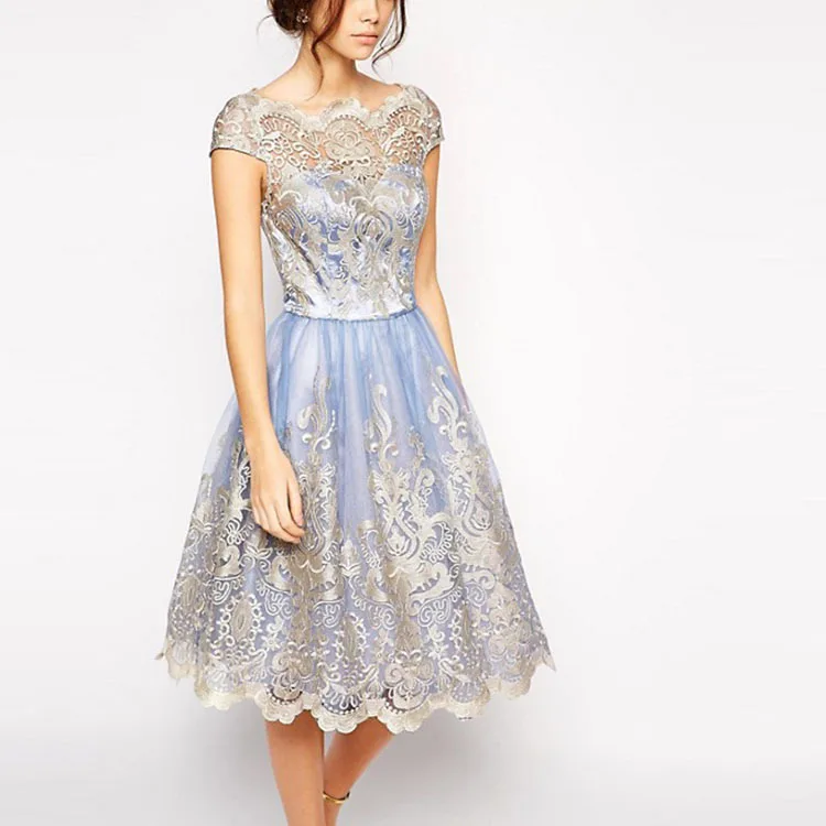 

2019 Summer New Arrival European Style Mesh Yarn Floral Embroidery Vintage Dress Hollowed Lace Princess Dress Free Shipping