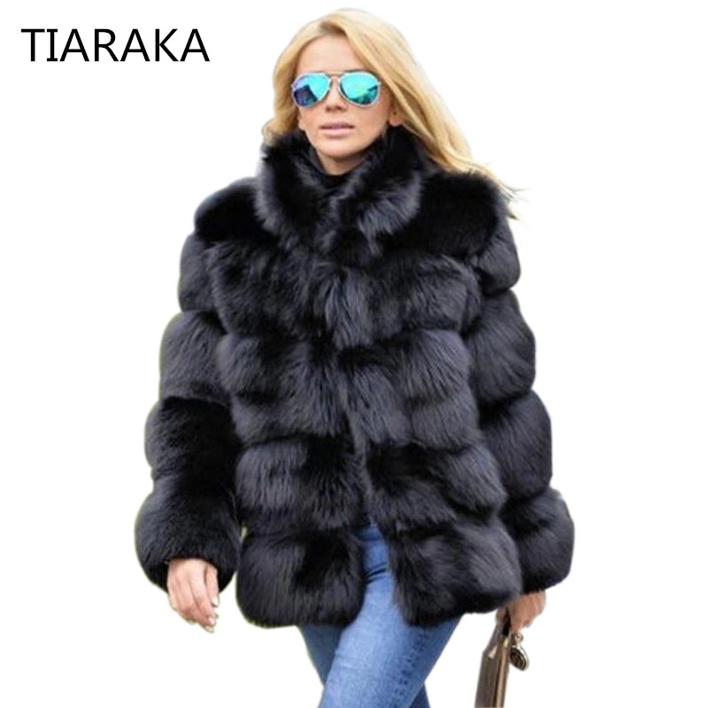 

TIARAKA 2018 New Winter Coat Women Faux Fox Fur Coat Plus Size Women Stand Collar Long Sleeve Faux Fur Jacket Fur gilet fourrure