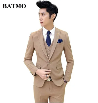 

BATMO 2019 new arrival high quality Korea style slim khaki suits men,men's wedding dress plus-size M-XXL TZ48