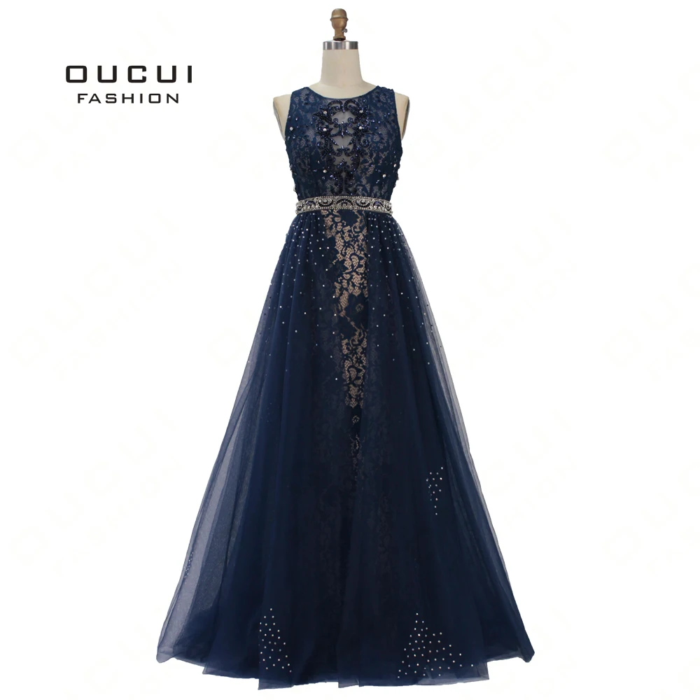 

Oucui Lace Evening Dresses 2019 Beading Crystal Sexy Back A-Line Prom Gowns Navy Sleeveless Formal Dress Party Vestido OL103120