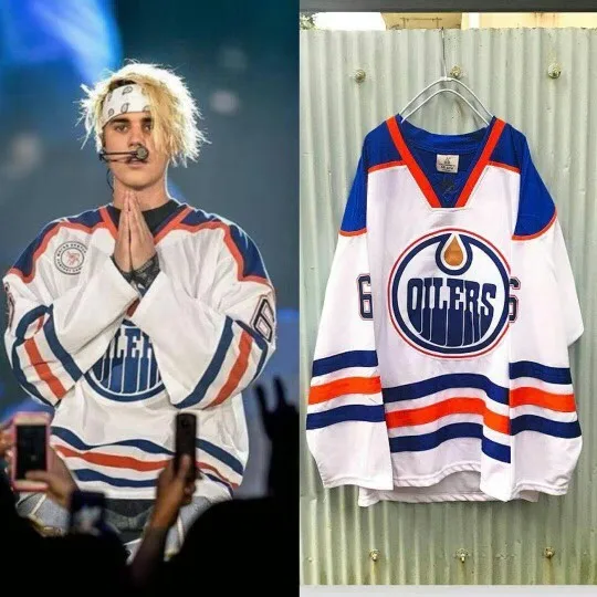V-neck Justin Bieber OILERS Vintage Number 6 Embroidery Man women Girls Fashion blue and white striped jersey sleeves