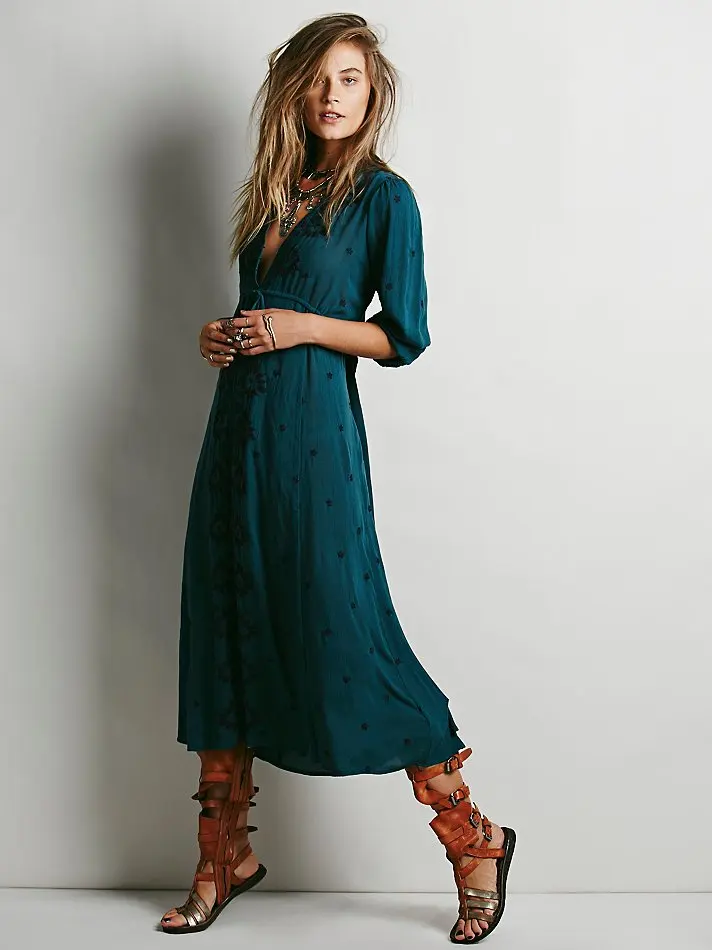 UK Лето Осень женское негабаритное хиппи бохо люди вышивка свободный балахон длинное платье Женская этническая Цыганская богемная Vestido - Цвет: Зеленый