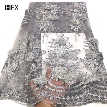 

french lace fabric 2019 high quality gray French net lace fabric 3D flowers African tulle lace with stones for party H1567