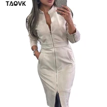 TAOVK High Street Suede Платье женское с длинным рукавом Bodycon платье с молнией винтажный воротник-стойка офисные женские платья