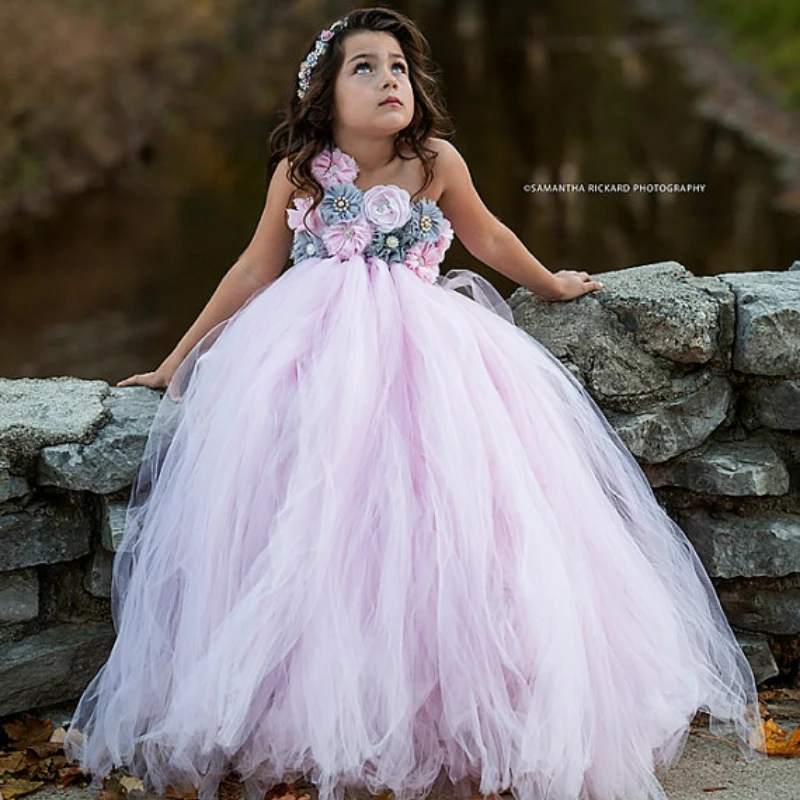 Pink and Grey Flower Girl Tutu Dress Wedding Tulle Dress...