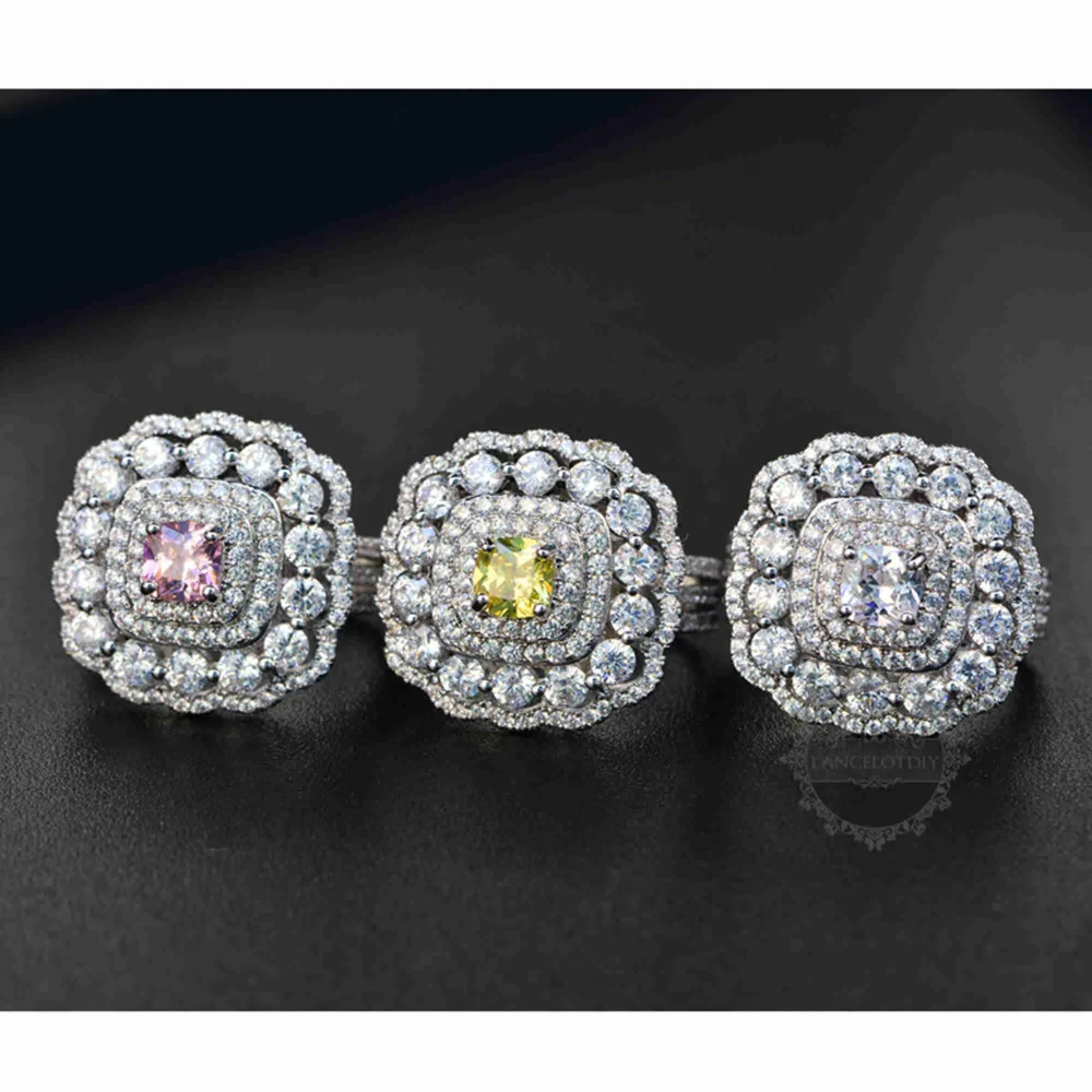 

19MM Silver Large Flower Square CZ Cubic Zirconia Pave Setting Fashion Women Elegant Luxury Wedding Rings 6230024