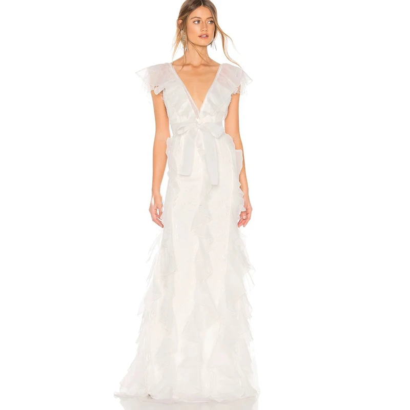 

2019 Summer Designer Elegant Woman White Maxi Dress Sexy Deep V-Neck Lace Ruffles Inner Sexy Dress Two Piece Party Club Vestido