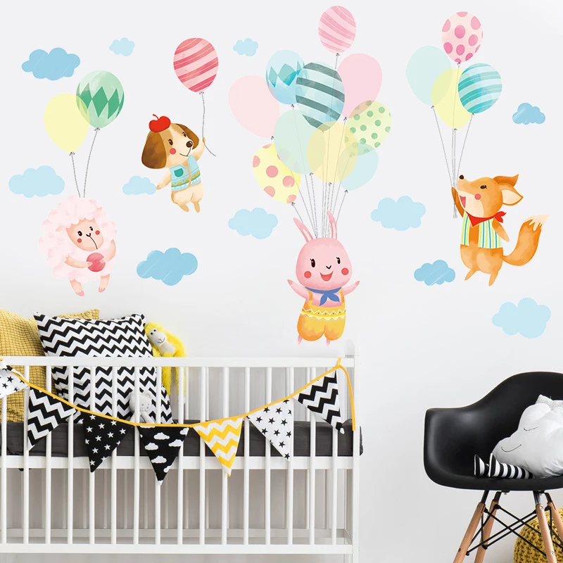 لطيف الحيوان اللون بالون سحابة الكرتون الجدار ملصق الأغنام أرنب الكلب الأطفال غرفة خزانة ملابس جدارية بغرفة النوم الديكور ملصق يدوي الصنع