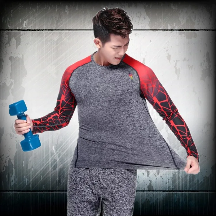 

DZ18208 Workout fitness men long sleeve t shirt men thermal muscle bodybuilding wear compression Elastic Slim exercise clothing