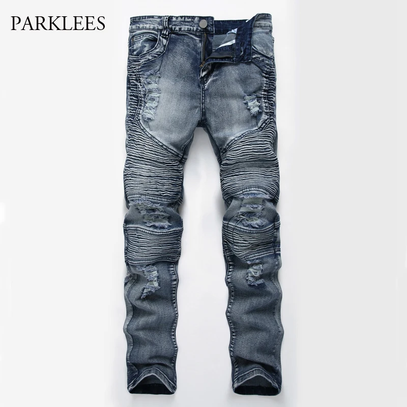 

Brand Biker Jeans Men 2017 Autumn Fashion Pleated Knee Holes Design Mens Skinny Jeans Casual Washed Cotton Hip Hop Jeans Homme
