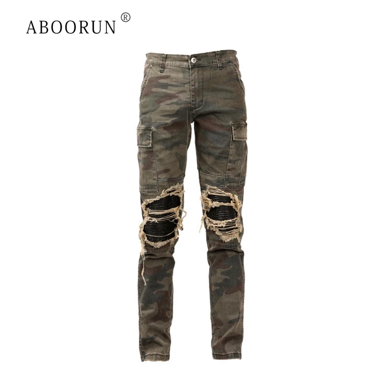 

ABOORUN Men's Camouflage Biker Jeans PU Leather Patchwork Ripped Motor Jeans Multi Pockets Cargo Pants for Male R142