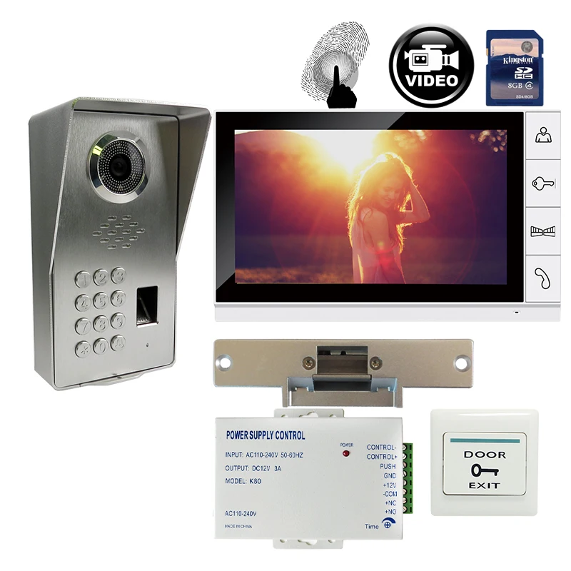 

FREE SHIPPING 9" Monitor Record Video Intercom Door Phone System + Waterproof Fingerprint Code Keypad Door Camera Strike E-Lock