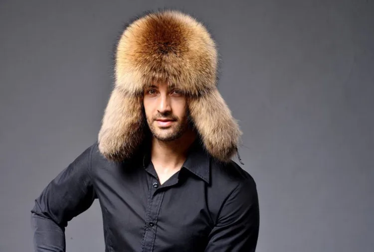 Мужские меховые шапки-бомберы с натуральным лисьим мехом, кожаные зимние шапки, модные защитные головные уборы VK2256 - Цвет: Raccoon Fur