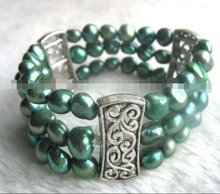 

3rows freshwater pearl green baroque bracelet 7.5"@^Noble style Natural Fine jewe SHIPPING new >>free shipping