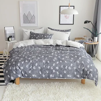 

Letter embroidery grey bedding sets washed cotton bedding set housse de couette quilt cover set