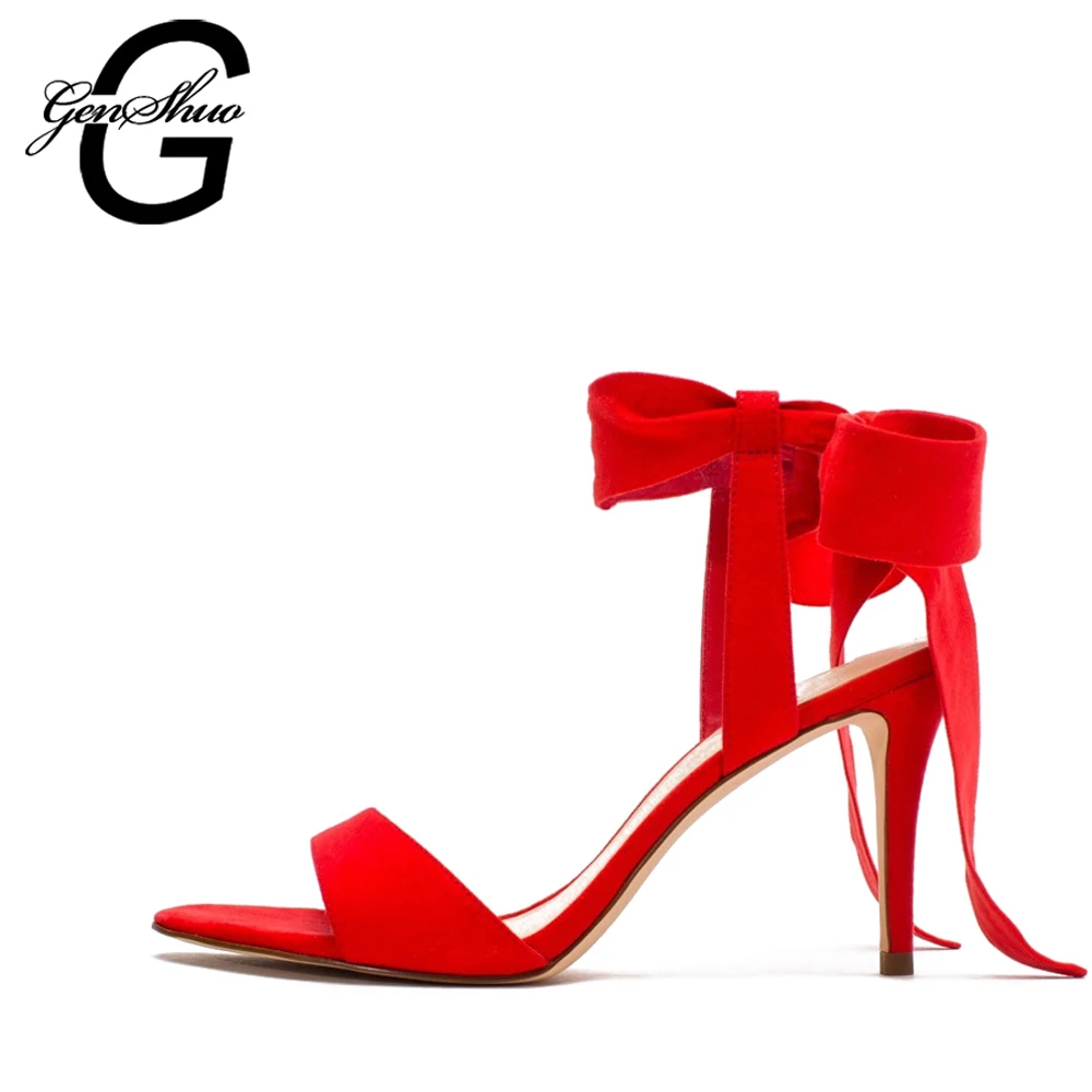 

GENSHUO Women Summer Sandals Strap Cross Foot Ring Shaped Heel Flock High Heels Shallow High Heels Shoes Pumps