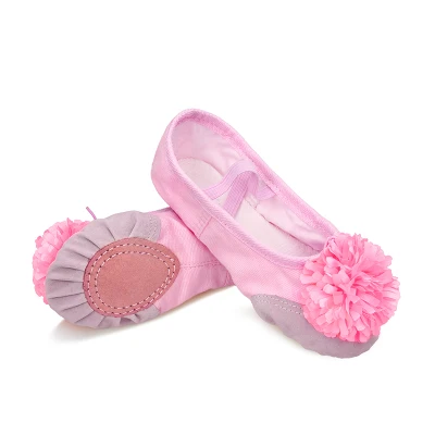 Мягкие балетки с цветами для маленьких девочек; женские балетки на плоской подошве из спилка; чешки для тренировок - Цвет: Pink-pink flower