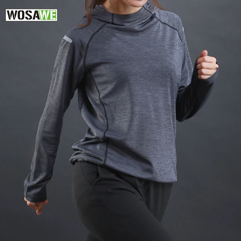 WOSAWE Running T Shirt with hooded for Women Sports Dry Quick Fitness Gym Shirt Ladies Long Sleeve T-shirt Jogging Jogger Tops