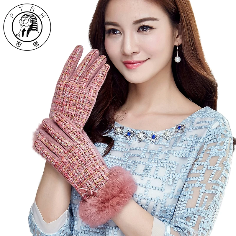 PTAH Women Winter Wool Gloves Rabbit Fur Bow Wrist Iglove Ladies Luxury