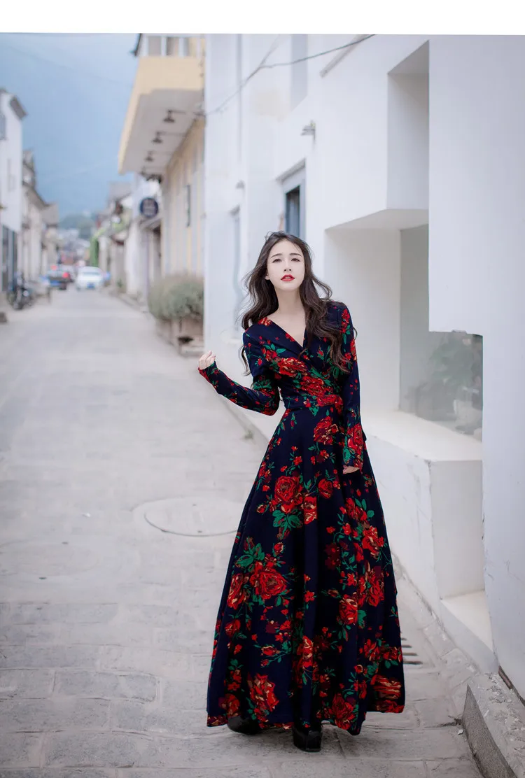 Stylish V-neck Long Sleeve Tie-waist Big Hem Print Dress (7)