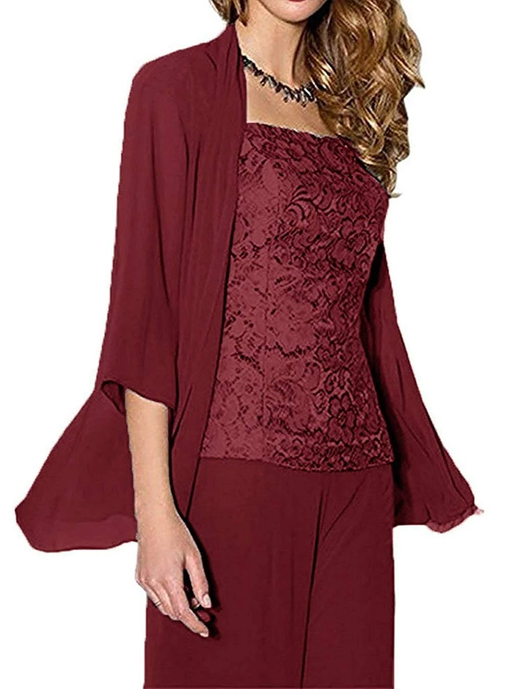Womens 3 Pieces Chiffon Dress Mother of The Bride Pants Suits with Lace Jacket Wedding Outfit Evening Gown