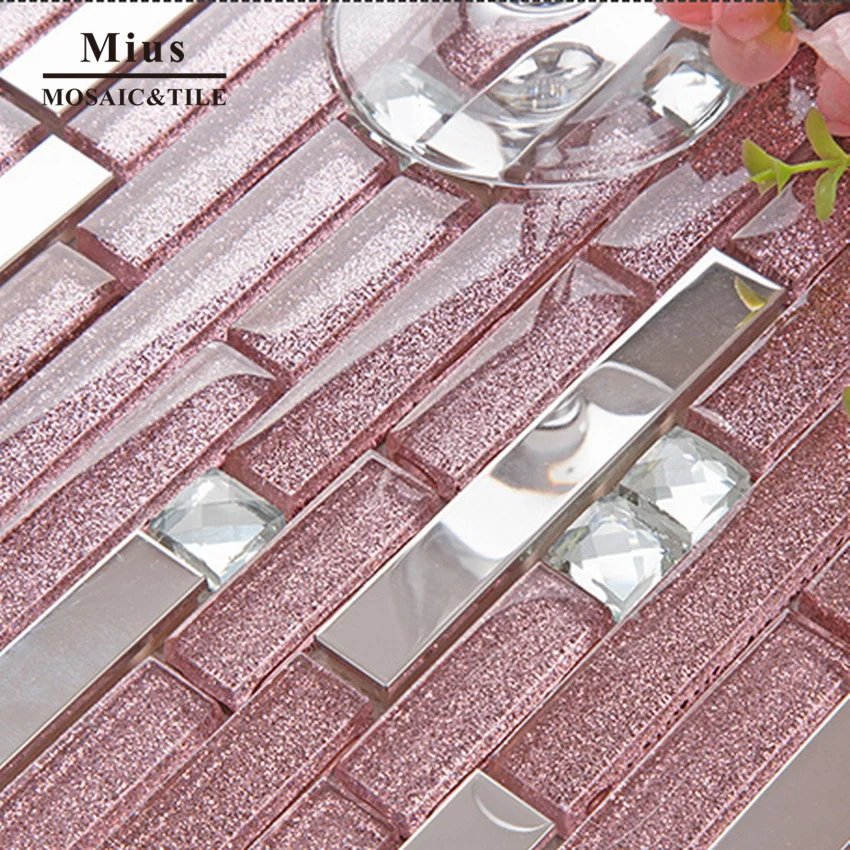 Romantic Pink crystal glass mosaic tile mix metail mosaic mirror glass