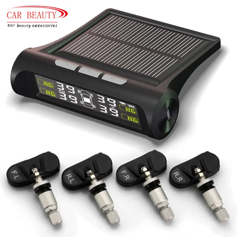 2018 New Car Tire Pressure Monitoring System TPMS Solar Power Wireless LCD Display with 4 Internal Sensor Auto Security Alarm