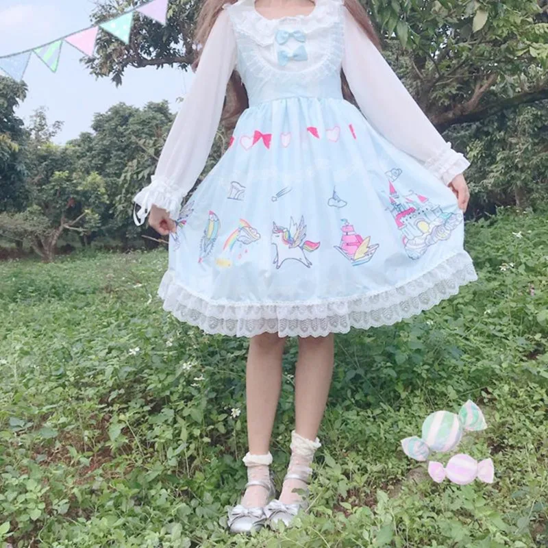 

Summer Sleeveless Lolita Dress Sweet Cute Kawaii Girls Princess Maid Vintage Printed Patterns Lace Blue Sling Dress